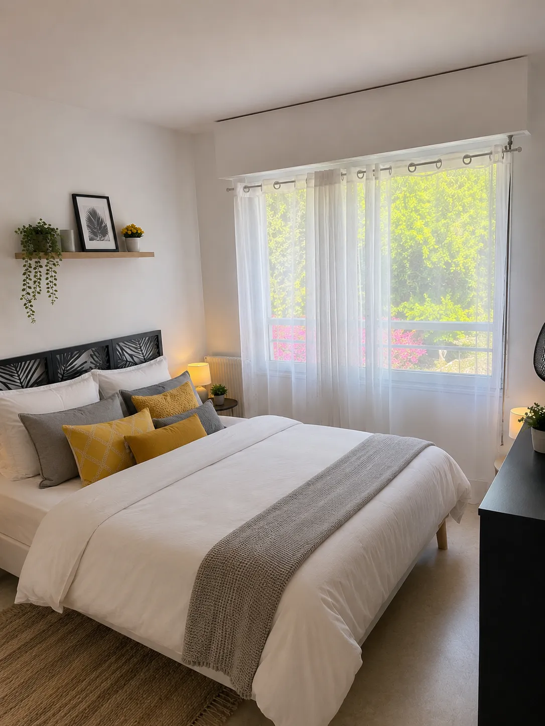 Chambre T2 Cassis décorée en jaune et gris harmonisée avec le salon